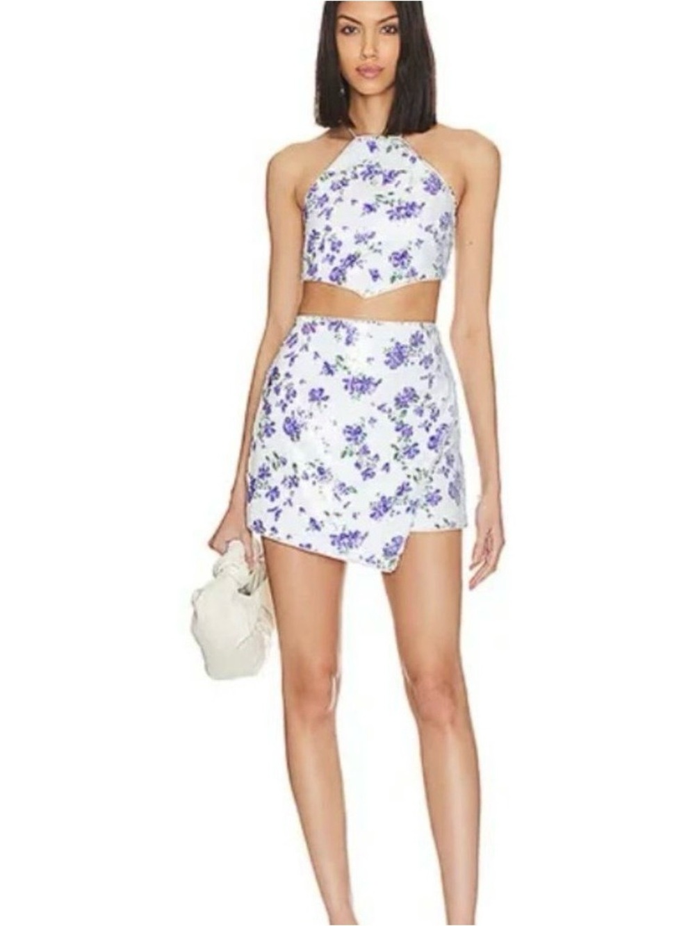 MAJORELLE Sequin White Mini Skirt with Purple Floral Print